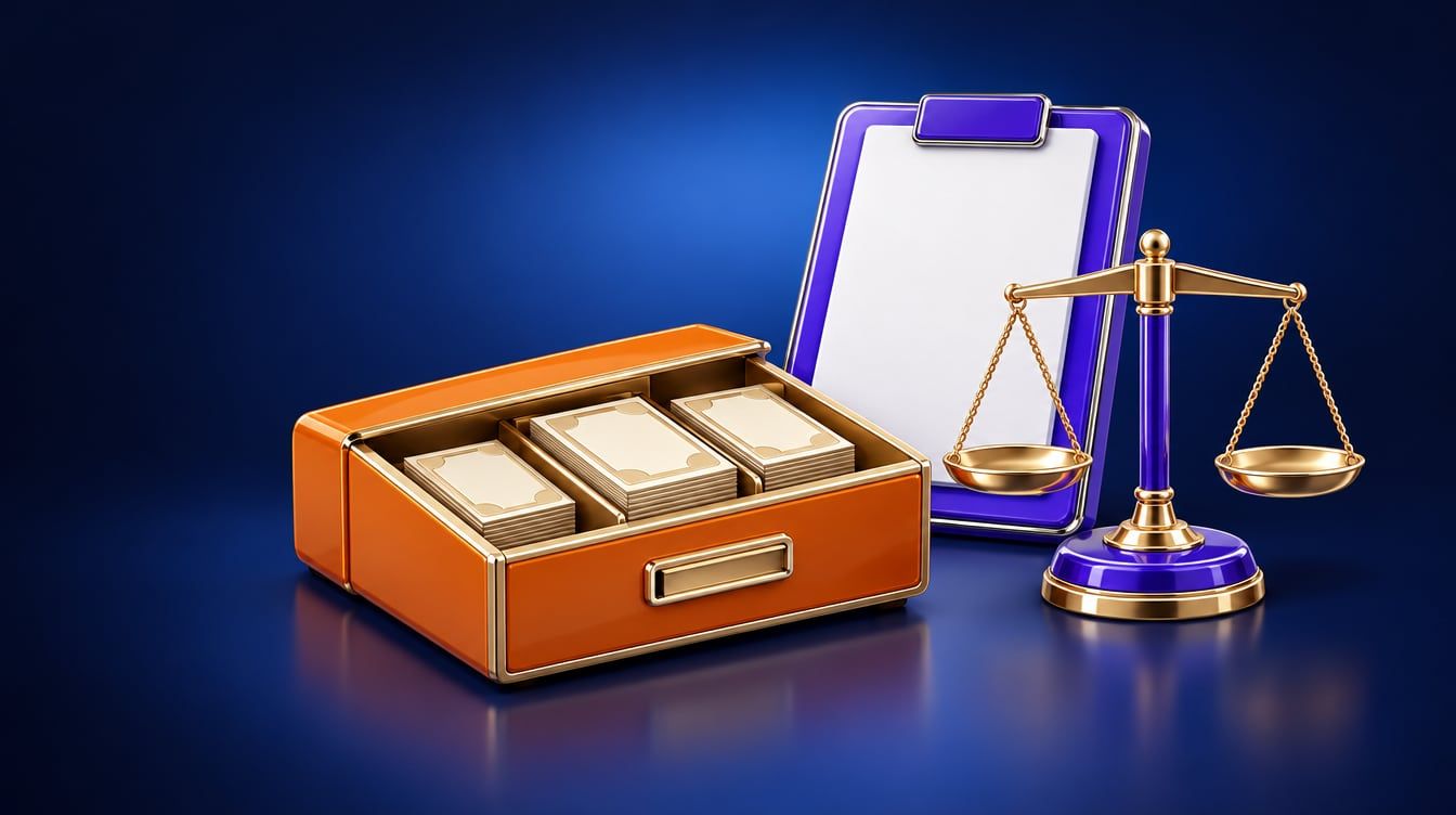 Illustration: A cash drawer with stacks of bills, a clipboard with a blank sheet and a level balance scale.