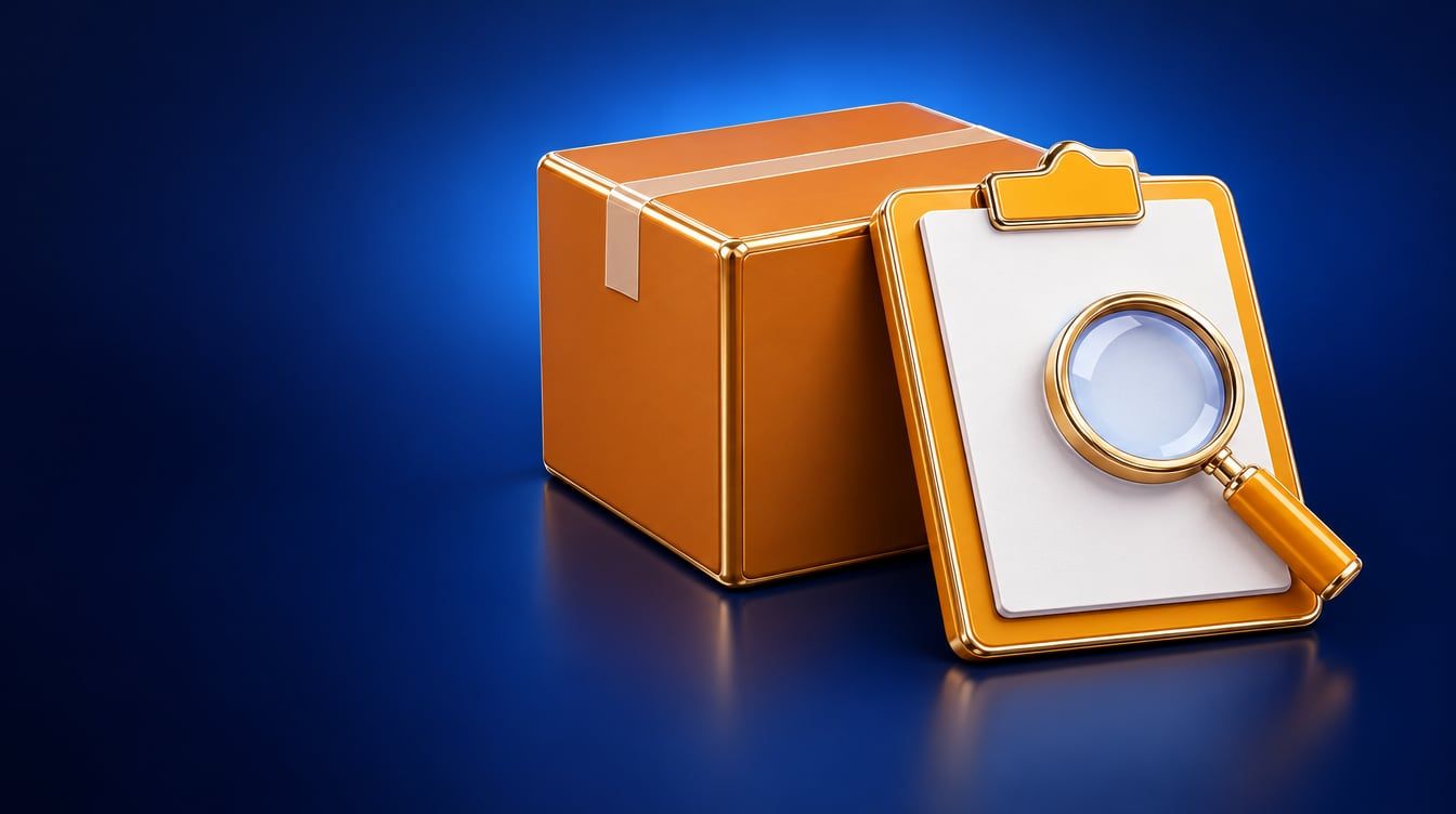 Illustration: A cardboard delivery box with a blank invoice sheet clipped to it and a magnifying glass resting on the sheet.