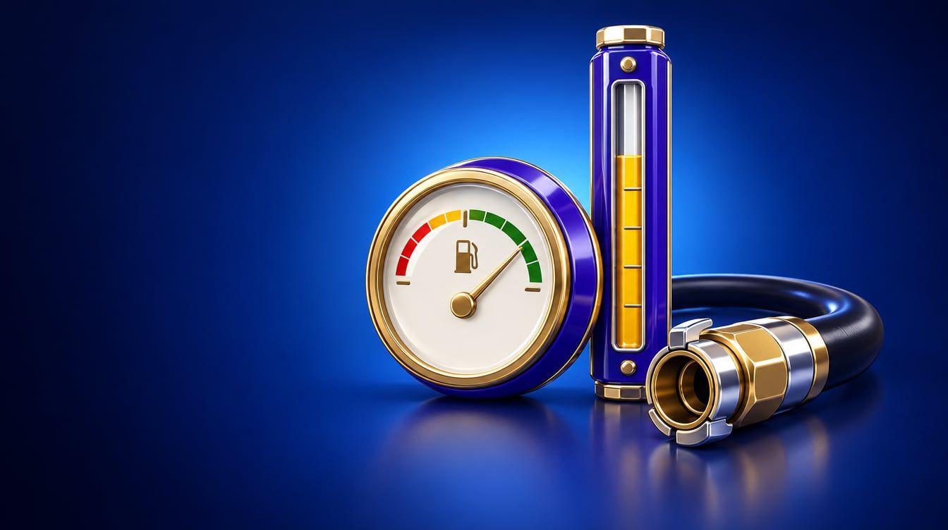 Illustration: A round fuel tank level gauge, a long tank measuring stick and a coupled delivery hose fitting.