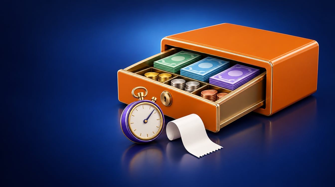 Illustration: An open cash drawer with neat stacks of banknotes and coins, a small stopwatch and a short curl of blank receipt paper.