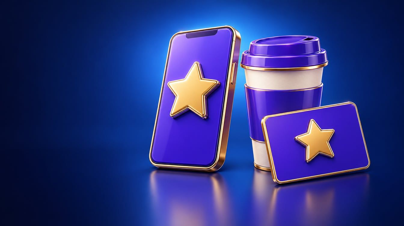 Illustration: A smartphone showing a single large reward star, a takeaway coffee cup and a gift card with a star emblem.