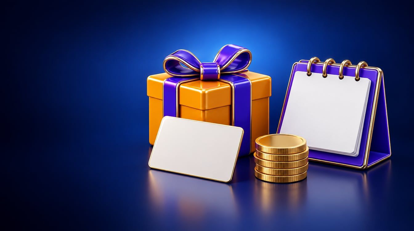 Illustration: A wrapped gift box, a blank gift card, a stack of coins and a desk calendar.