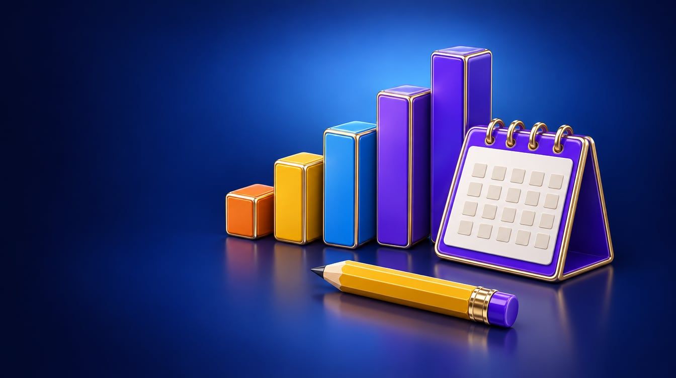 Illustration: Five rising bar chart blocks of different heights, a desk calendar and a pencil.