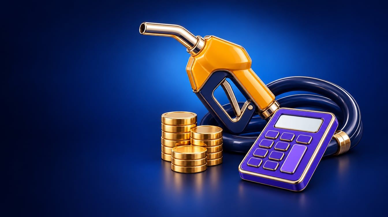 Illustration: A fuel pump nozzle with its curled hose, a small stack of coins and a pocket calculator.