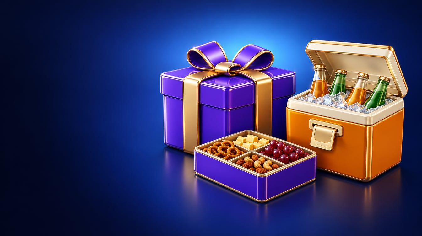 Illustration: A wrapped gift box with a ribbon, a small drinks cooler with bottles and a box of snacks.