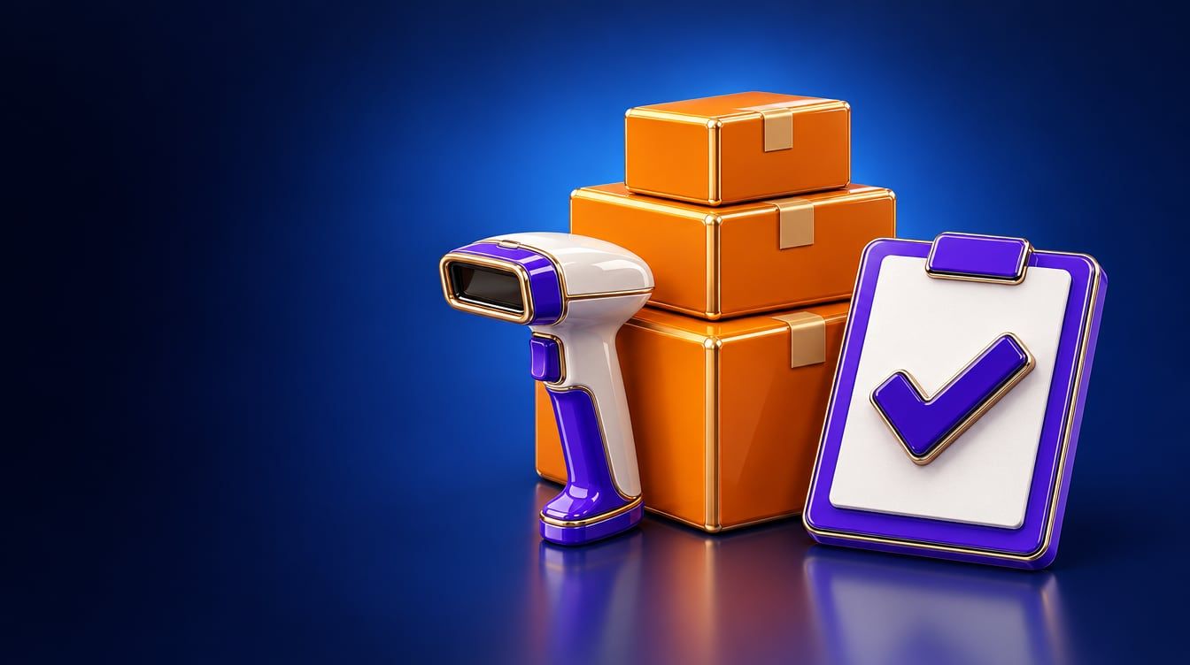Illustration: A small shelf of stacked product boxes, a handheld barcode scanner and a clipboard with a bold checkmark.
