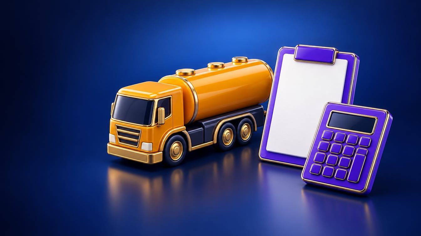 Illustration: A toy-like fuel tanker truck, a blank invoice sheet and a pocket calculator.