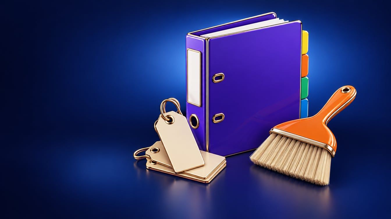 Illustration: A neat ring binder with colored tab dividers, a few blank price tags and a small hand broom.