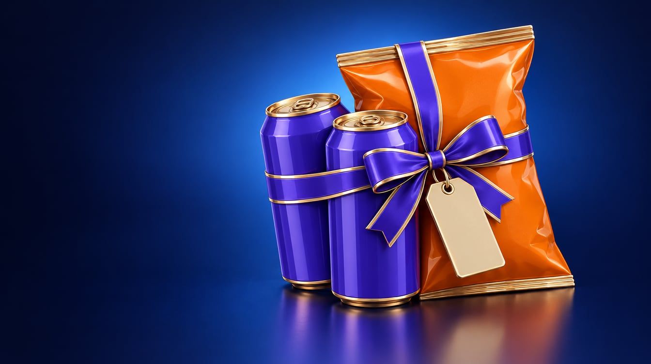 Illustration: Two drink cans and a bag of chips tied together with a ribbon, with a blank price tag hanging from the bow.