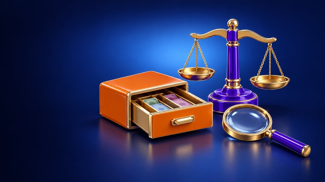Illustration: An open cash drawer with a few banknotes, a balance scale and a magnifying glass.