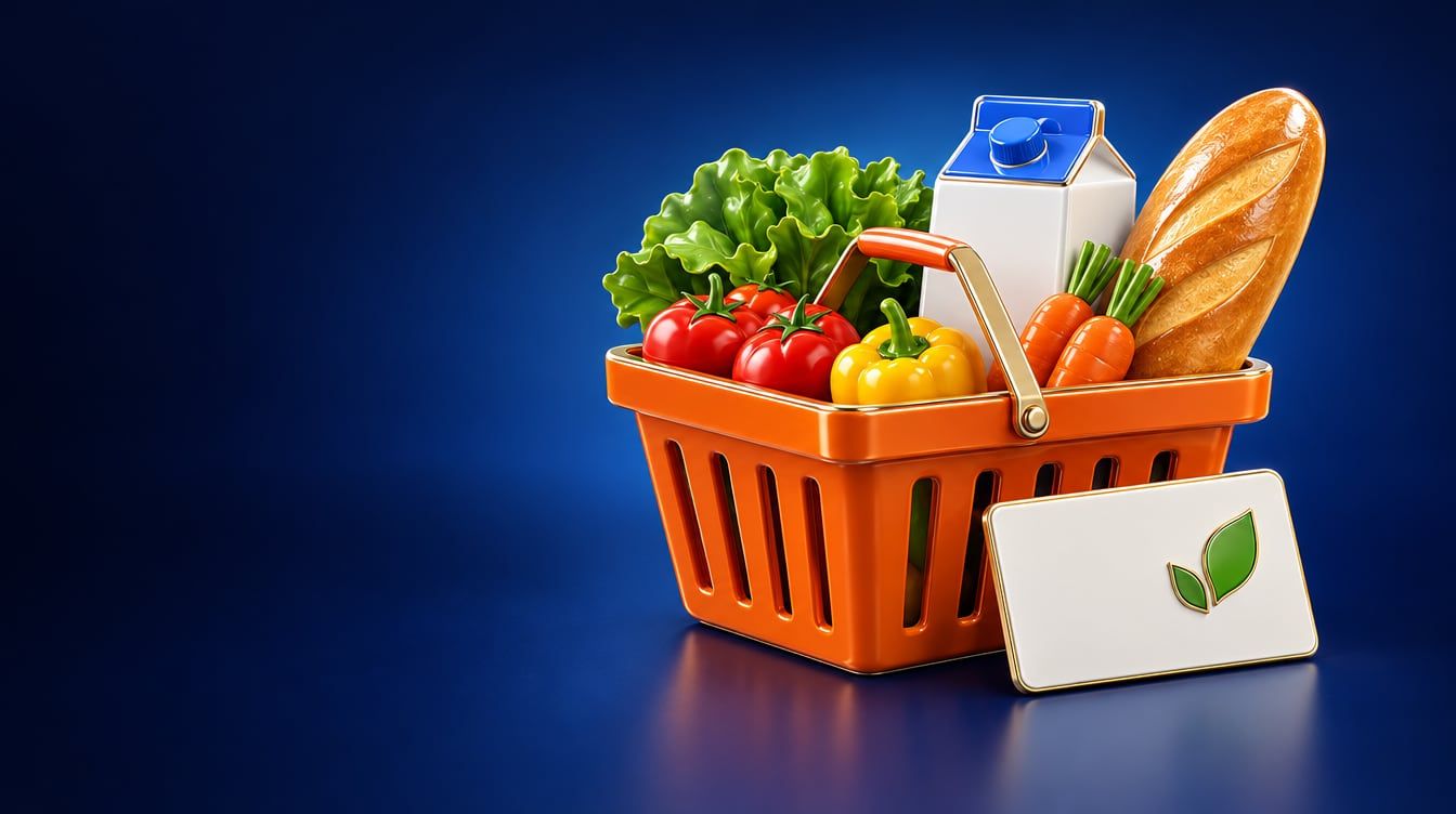 Illustration: A small grocery basket holding fresh vegetables, a carton of milk and a loaf of bread, beside a blank payment card with a simple green leaf emblem.