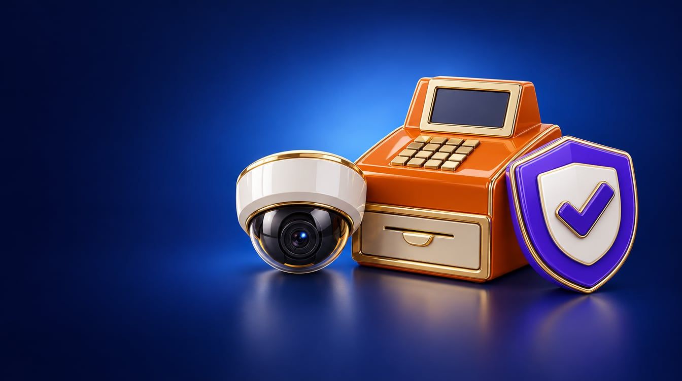 Illustration: A small dome security camera, a closed cash register and a rounded shield emblem with a checkmark.