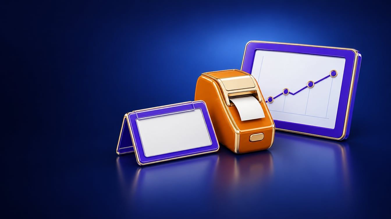 Illustration: A blank shelf price tag, a small handheld label printer and a tablet showing a simple line chart.