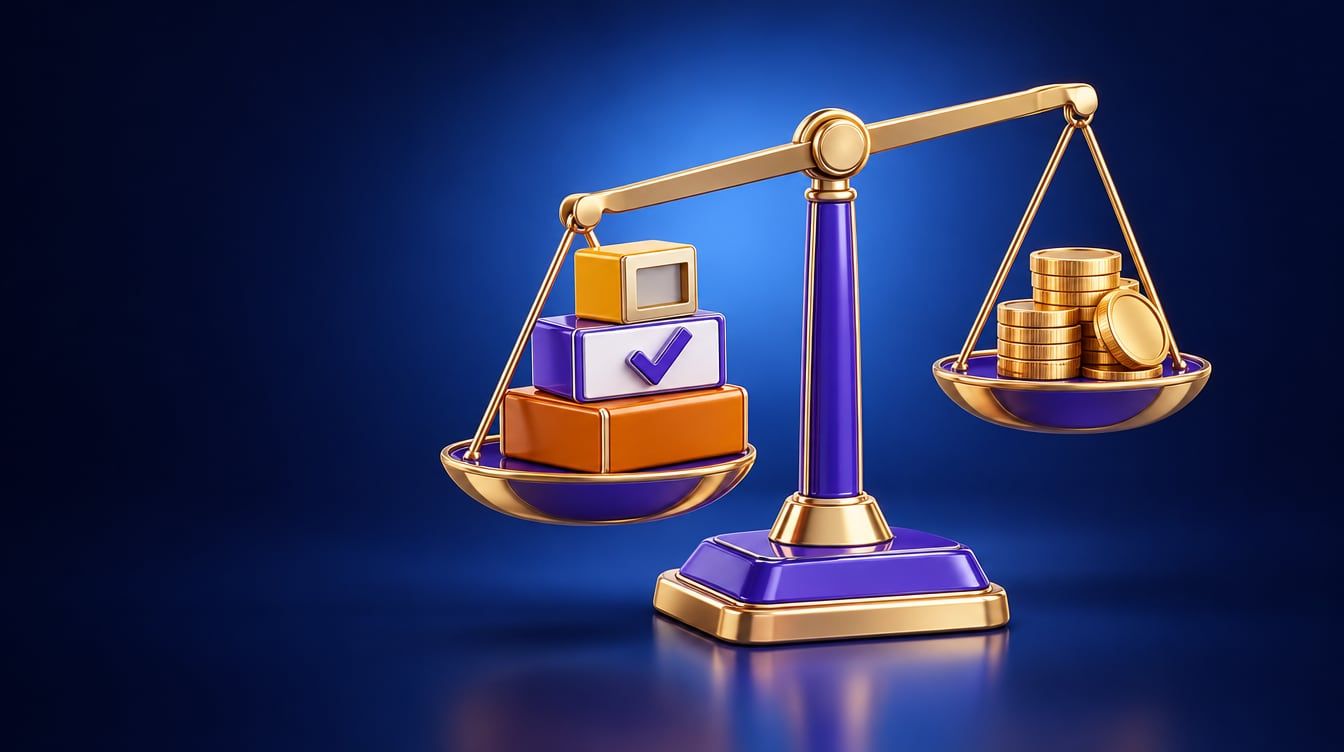 Illustration: A balance scale with stacked product boxes on one side and gold coins on the other.