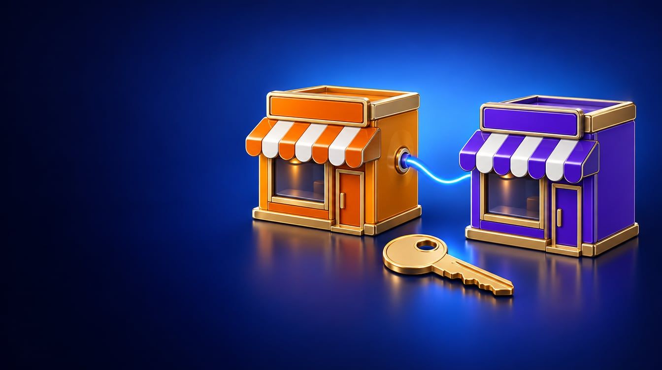 Illustration: Two small corner store buildings side by side, joined by a glowing blue line, and a single key.