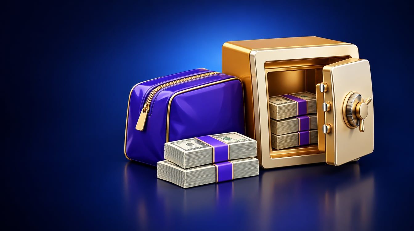 Illustration: A small steel safe with its door ajar, a zippered bank deposit bag and banded stacks of banknotes.