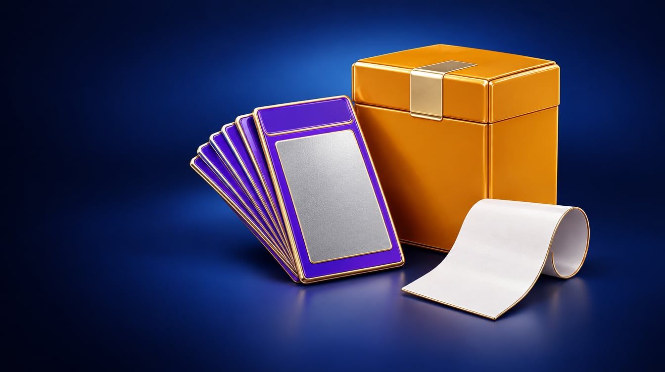 Illustration: A sealed carton of lottery ticket packs, a fanned book of blank scratch-off tickets and a short curl of blank receipt paper.