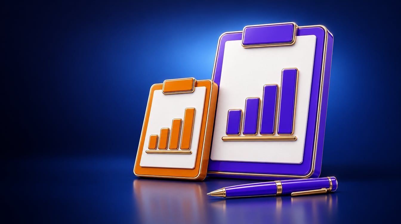 Illustration: Two blank report sheets side by side, one small and one large, each with a simple bar chart, on a clipboard.
