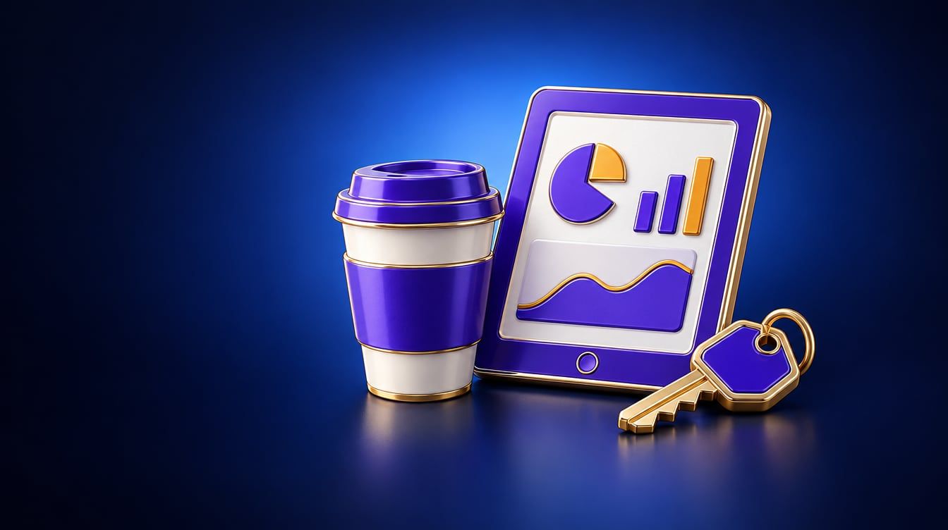 Illustration: A sleek tablet showing an abstract dashboard of simple charts, a takeaway coffee cup and a store key.