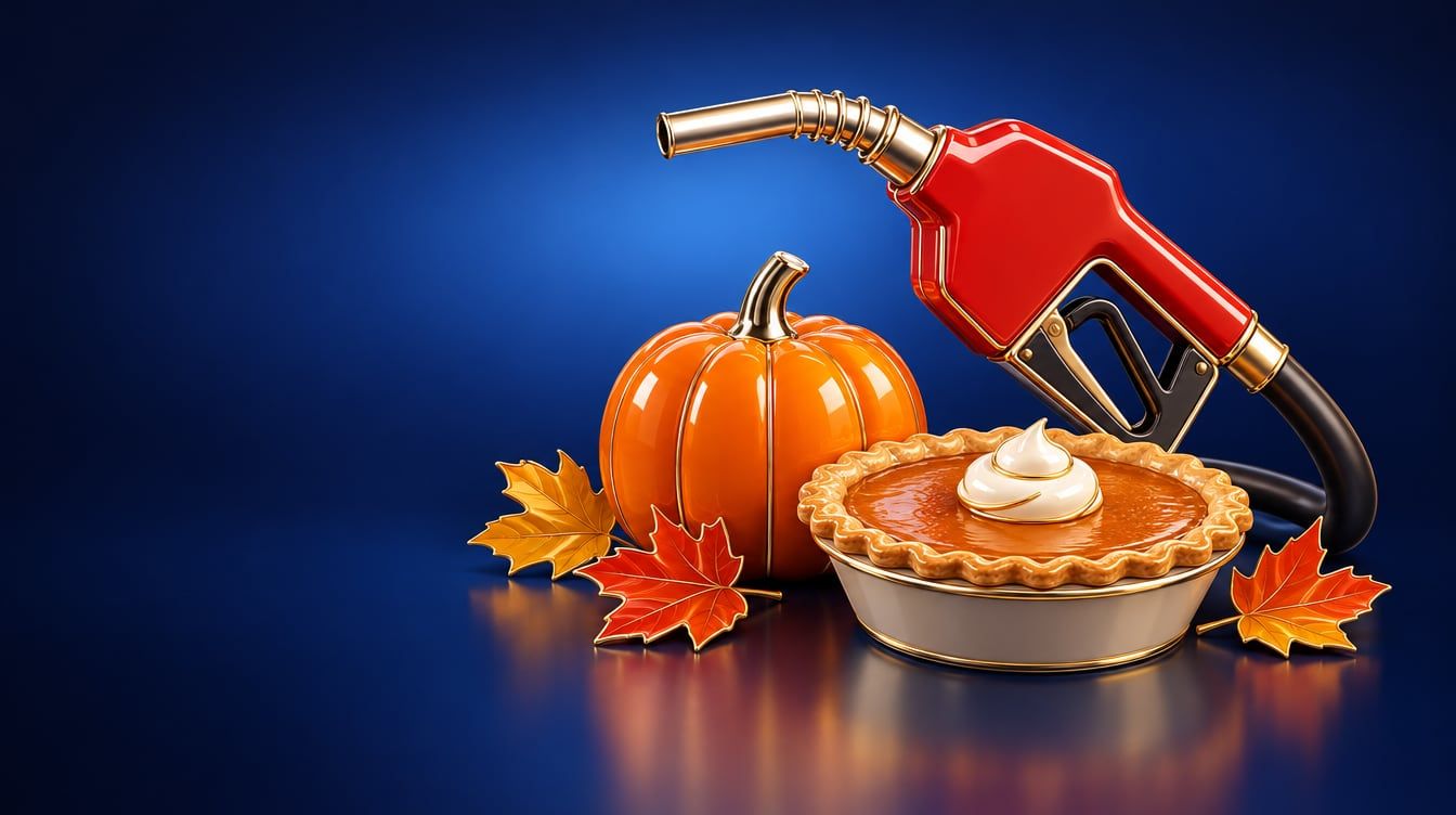 Illustration: A fuel pump nozzle, a small pumpkin, a pie and a few autumn maple leaves.