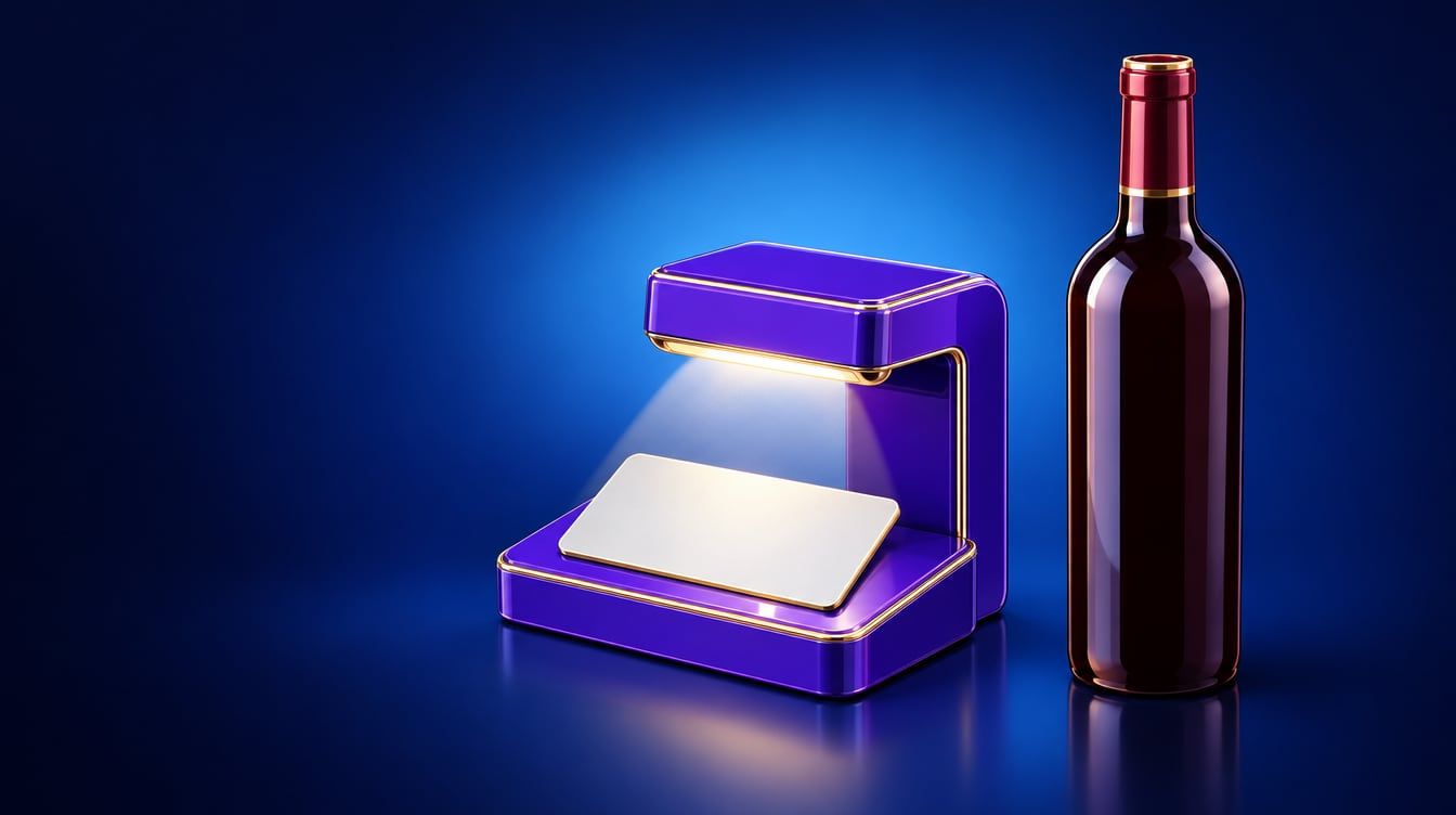 Illustration: A blank identification card under a small scanner light and a plain wine bottle with no label.