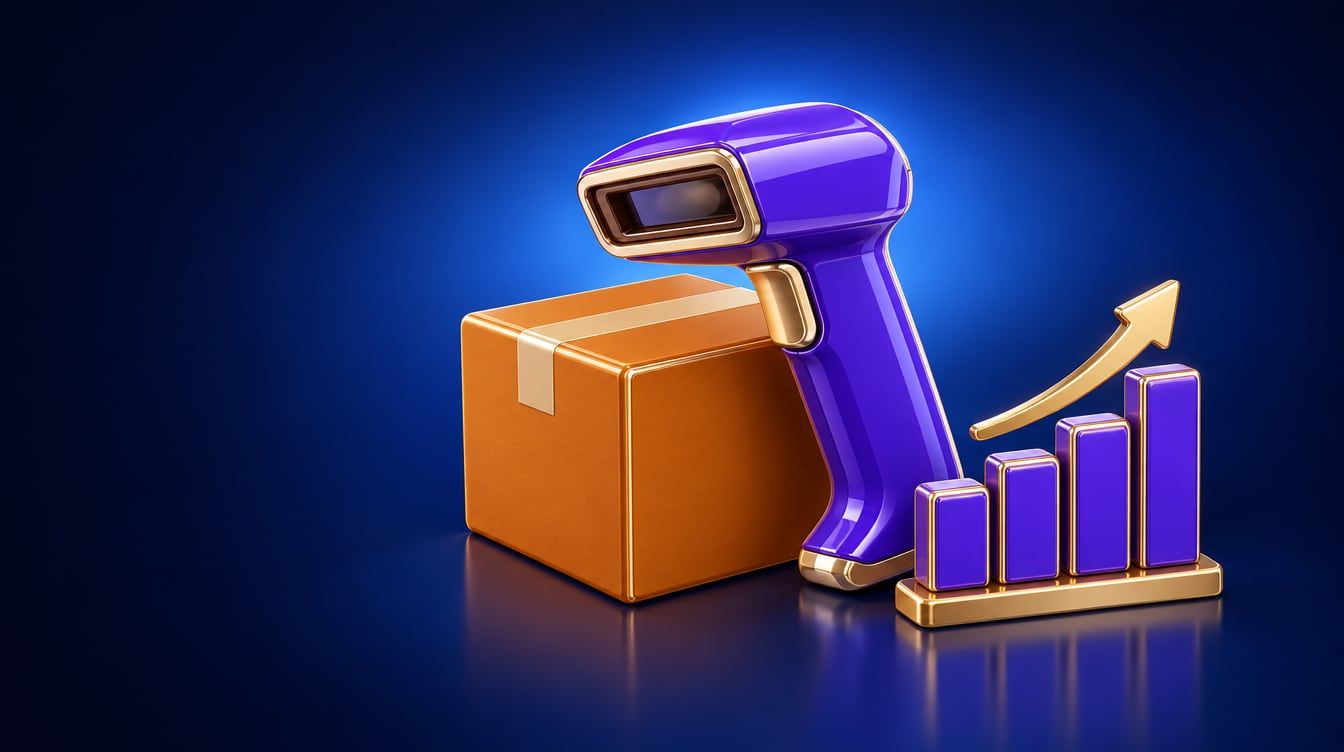 Illustration: A handheld barcode scanner over a plain unbranded carton and a small rising bar chart.