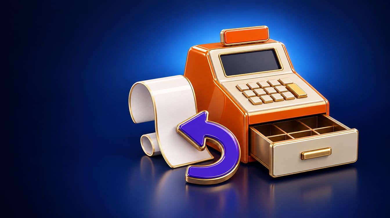 Illustration: A small cash register with its drawer open, a curl of blank receipt paper and a curved return arrow.
