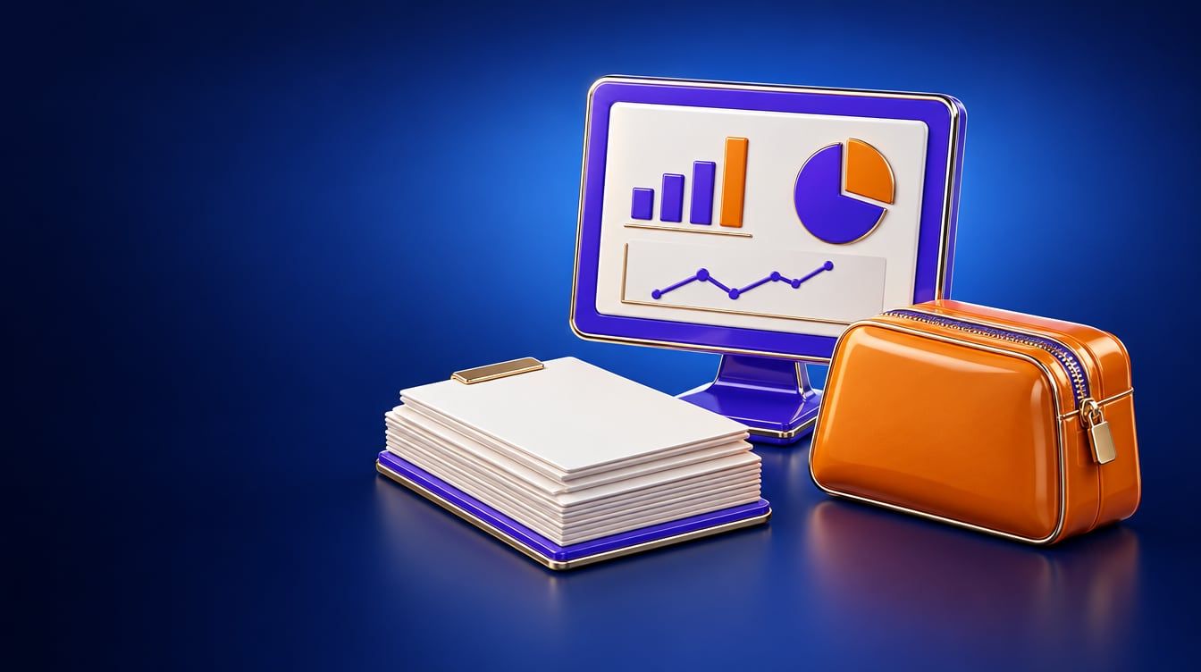 Illustration: A desk monitor showing simple charts, a neat stack of blank invoices and a zippered cash bag.