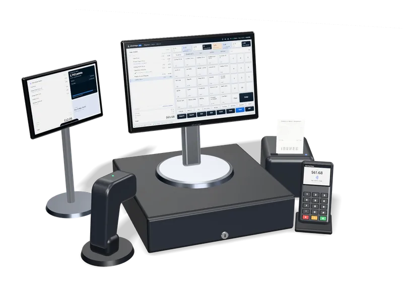 An Advantage POS counter: the counter station on its cash drawer, a customer display, a card reader, a barcode scanner and a receipt printer