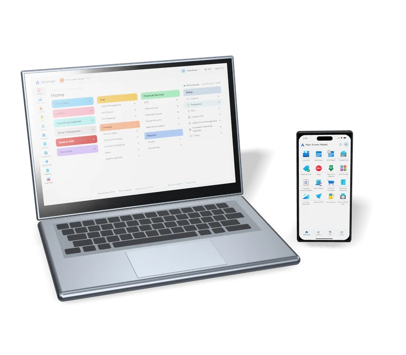 The Advantage back office on a laptop and the phone app